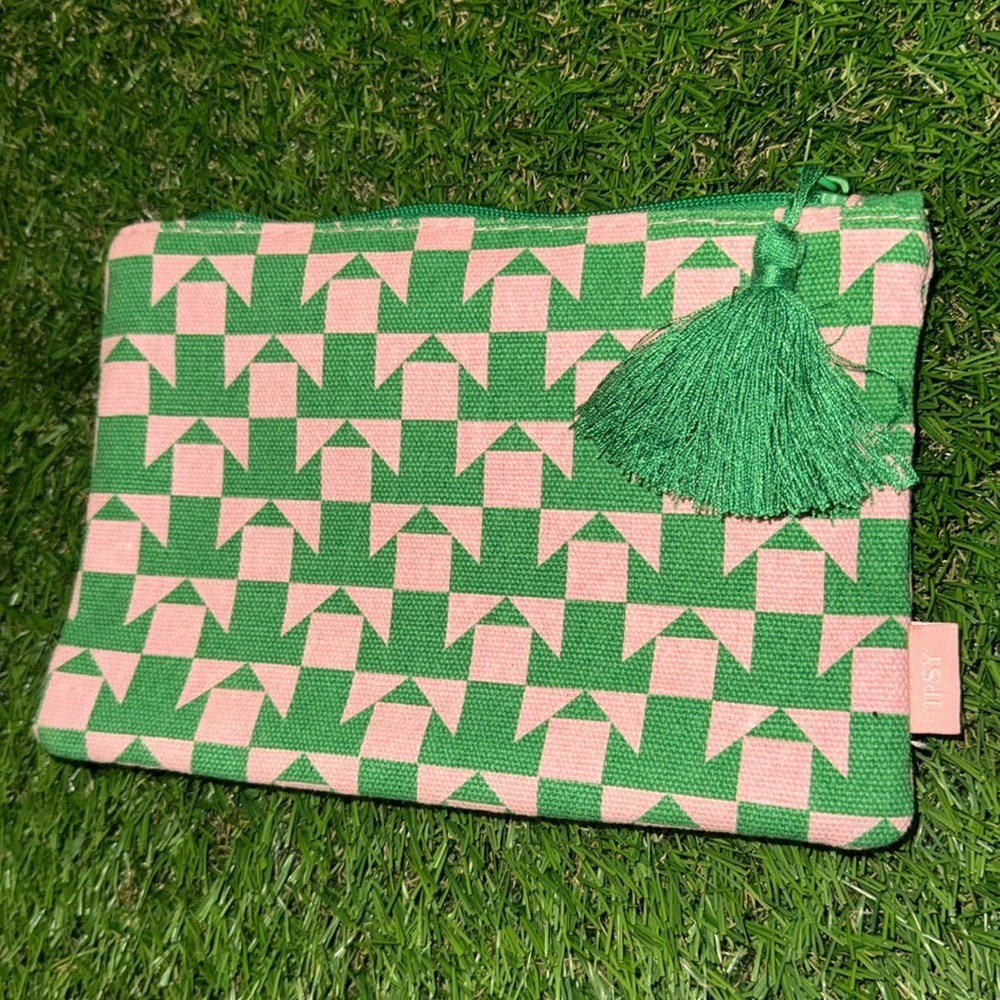 Ipsy Green and Pink Geometric Clutch with Tassel
